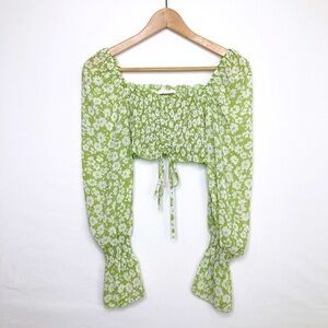 Native daughters, green floral, smocked cropped, sheer top